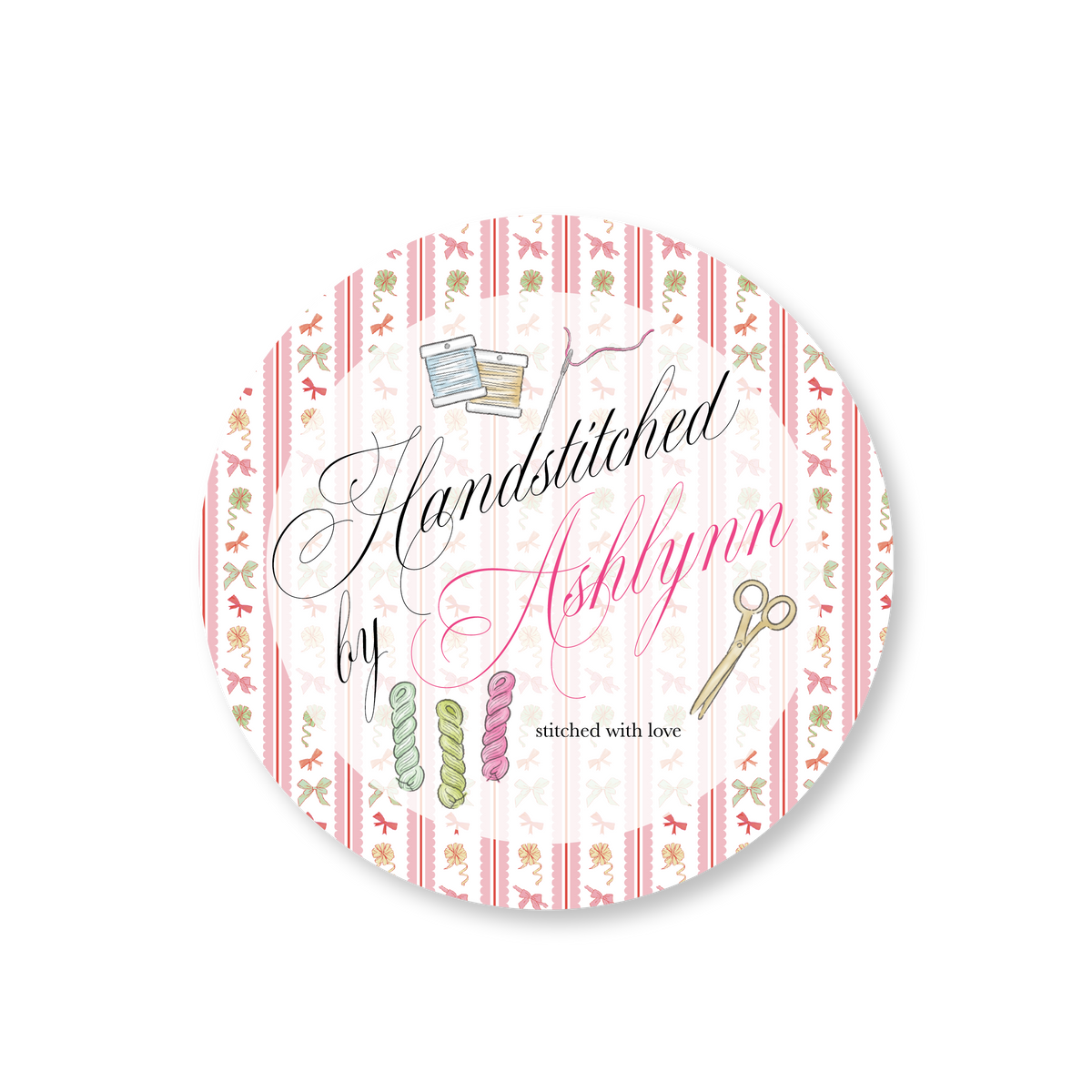 Handstitched by Needlepoint Bows Circle Gift Tag