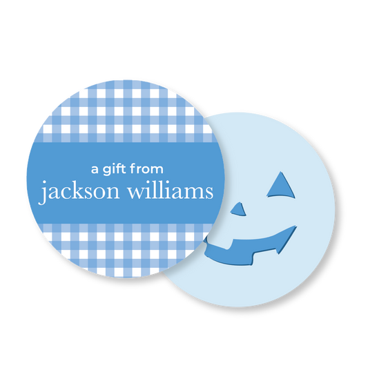 Blue Gingham Pumpkin Circle Halloween Gift Tag