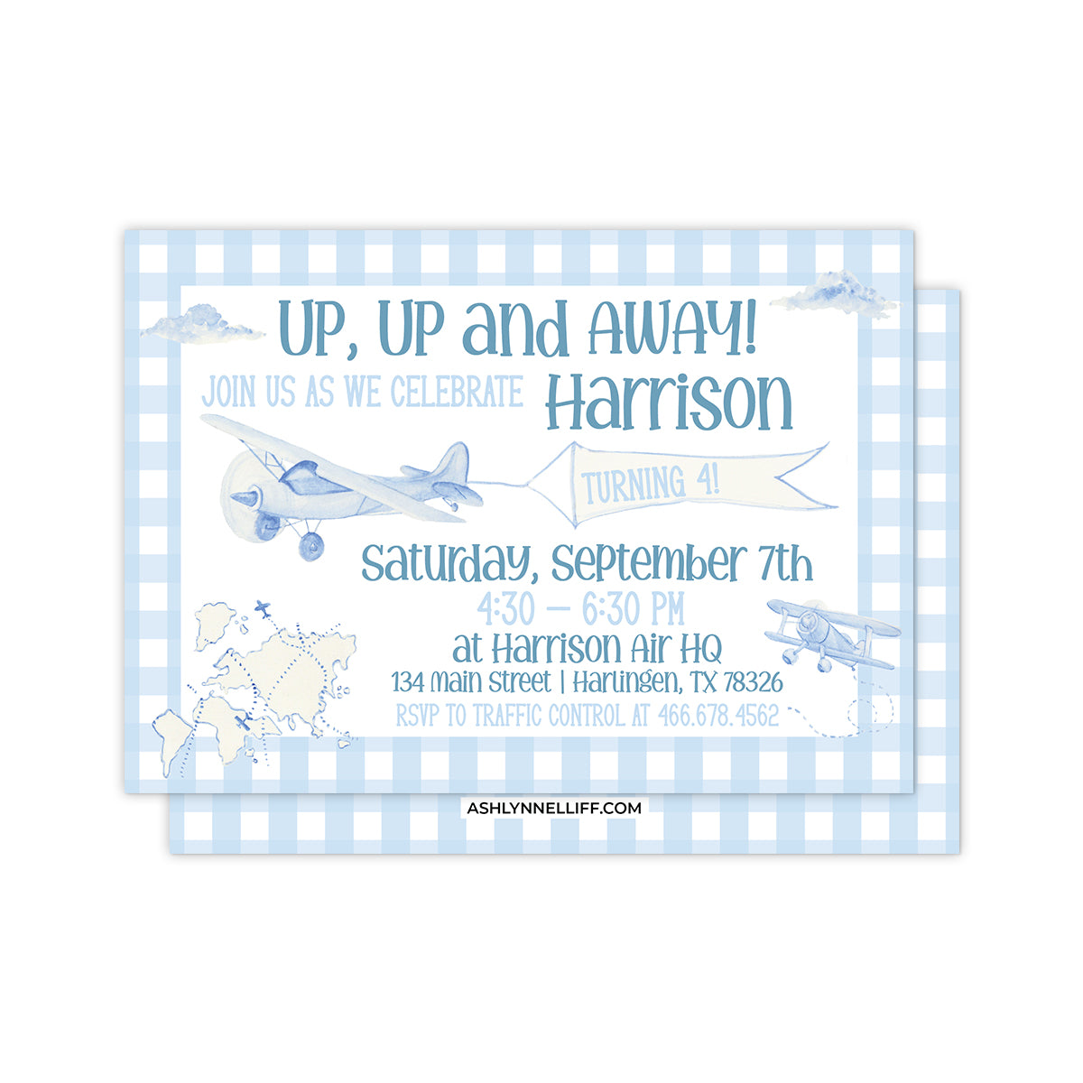 Up, Up & Away Gingham Plane Party Invitation