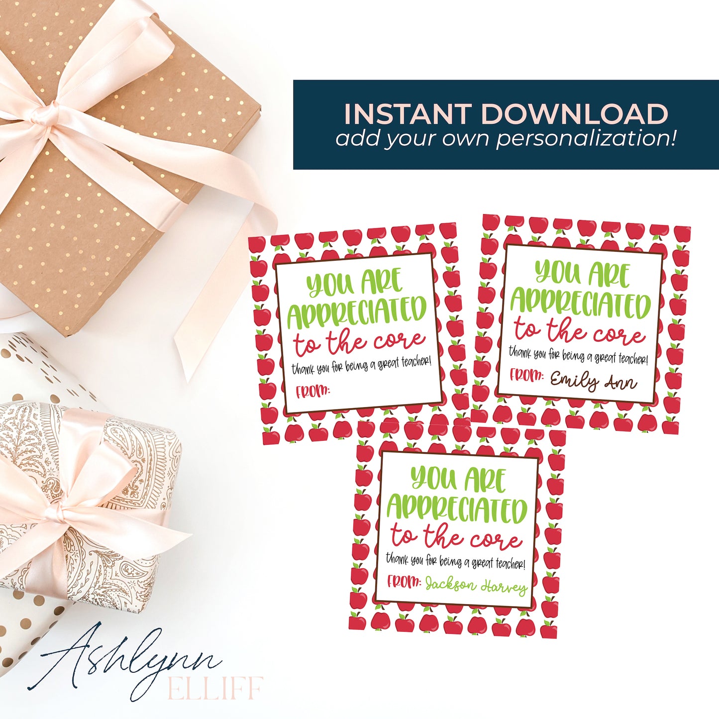 Printable (Instant Download) Teacher Appreciation Apples Gift Tags