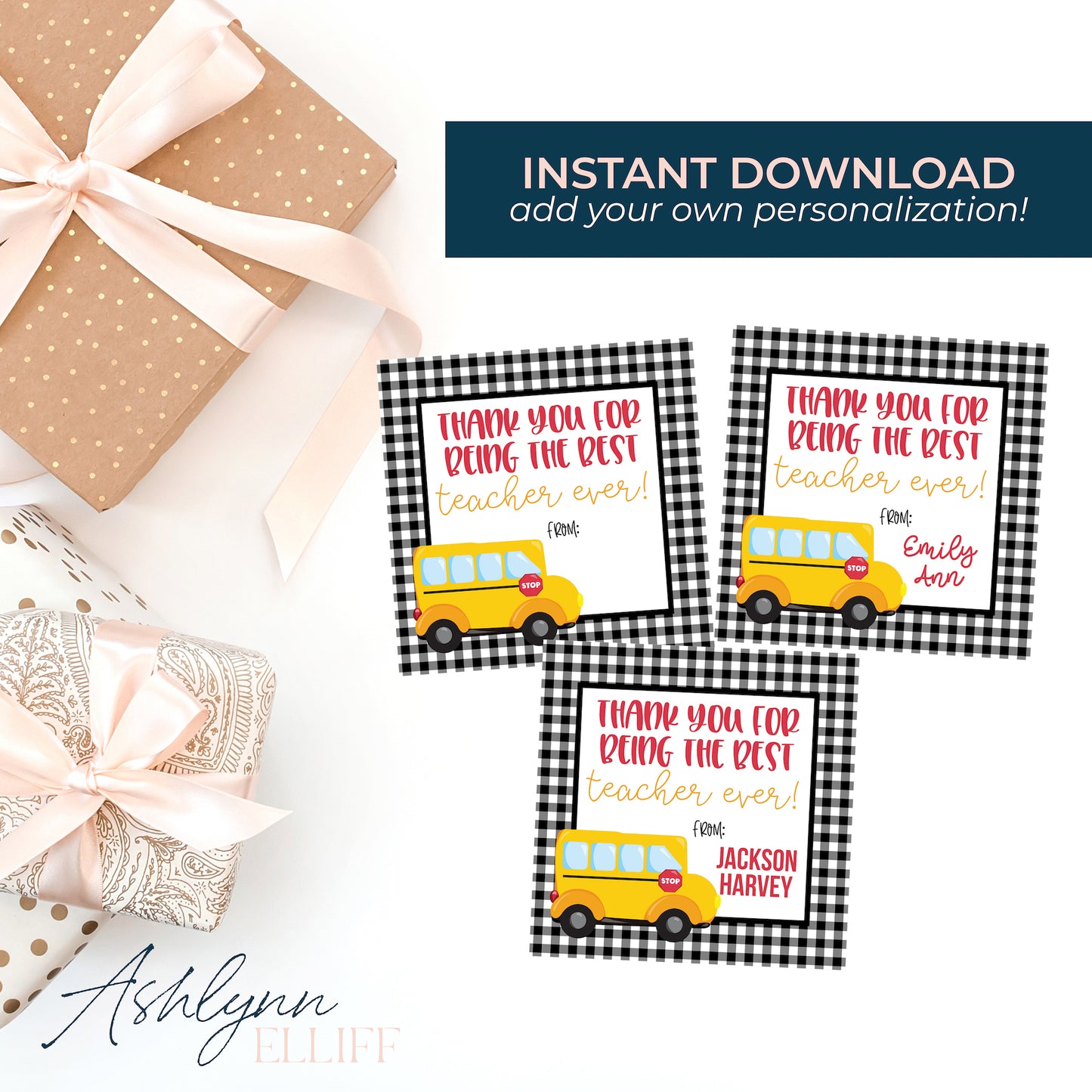 Printable (Instant Download) Teacher Appreciation Black Check Gift Tags