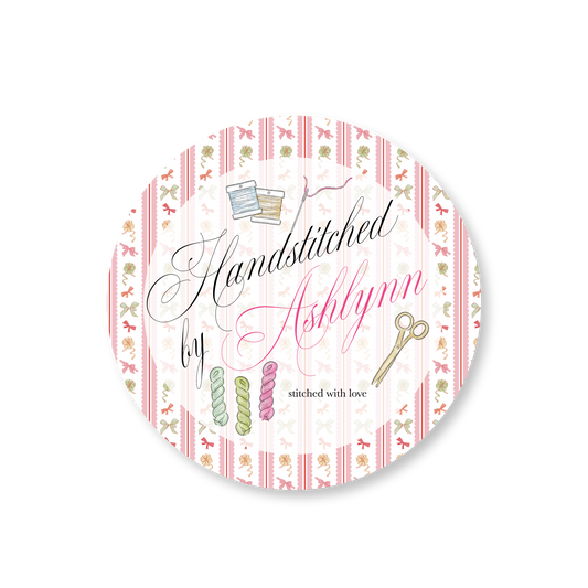 Handstitched by Needlepoint Bows Circle Gift Tag