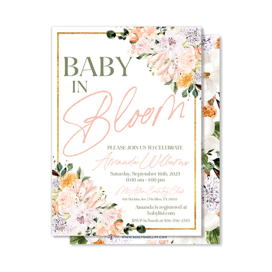 Baby in Bloom Pink & Green Baby Shower Party Invitation