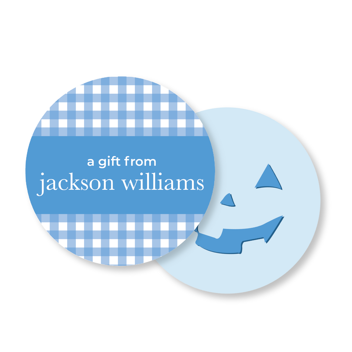 Blue Gingham Pumpkin Circle Halloween Gift Tag