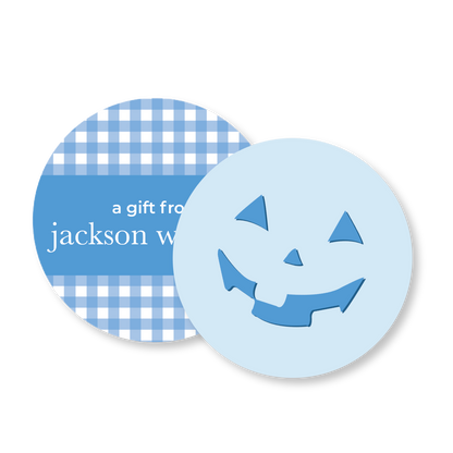 Blue Gingham Pumpkin Circle Halloween Gift Tag