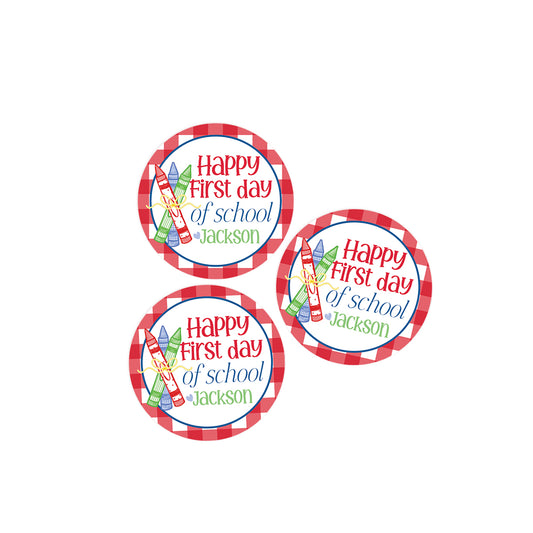 Happy First Day of School Red Check Crayon Stickers