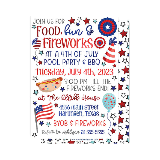 Food, Fun & Fireworks (4th of July) Party Invitation