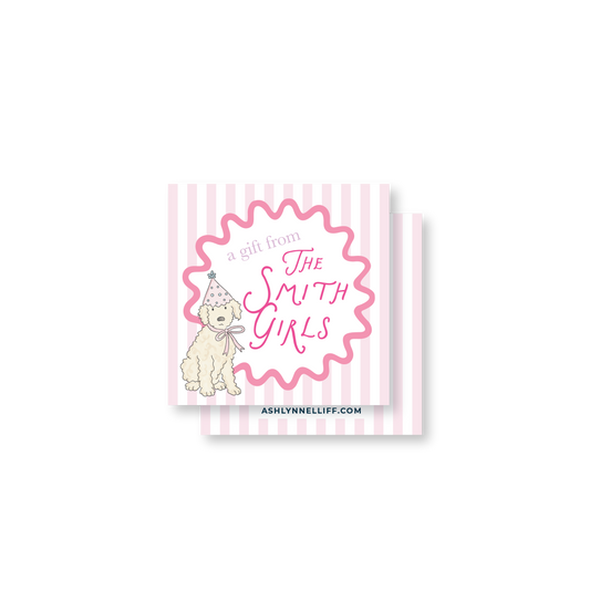 Pink Birthday Dog Striped Gift Tag