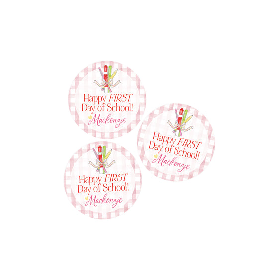 Happy First Day of School Pink Gingham Stickers