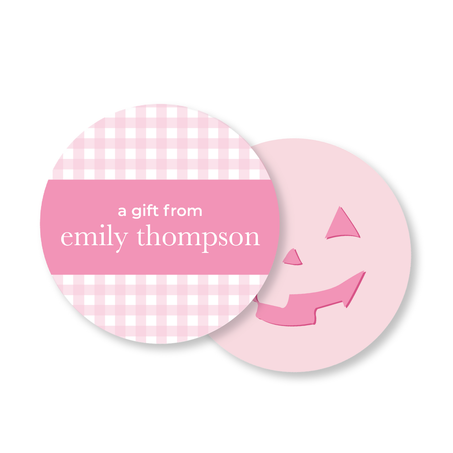 Pink Gingham Pumpkin Circle Halloween Gift Tag