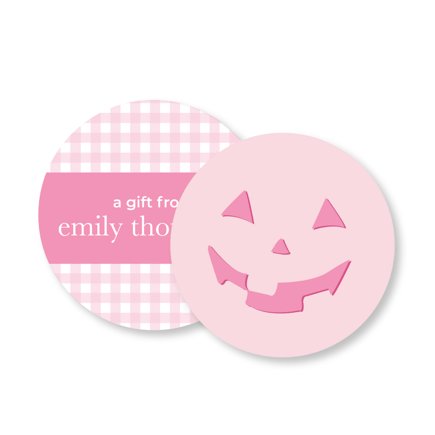 Pink Gingham Pumpkin Circle Halloween Gift Tag