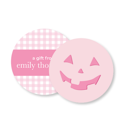 Pink Gingham Pumpkin Circle Halloween Gift Tag