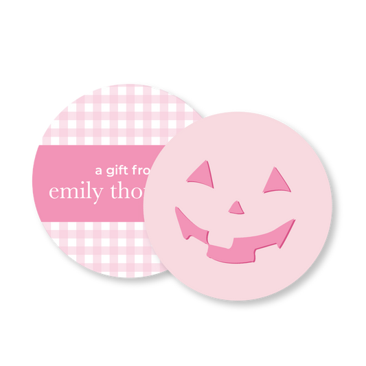 Pink Gingham Pumpkin Circle Halloween Gift Tag