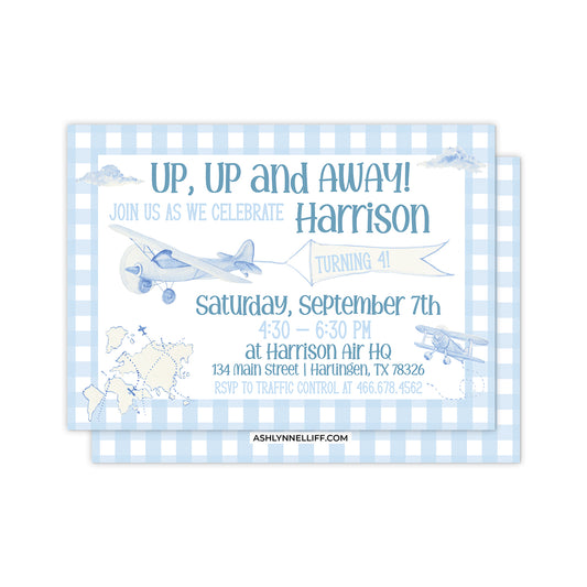 Up, Up & Away Gingham Plane Party Invitation