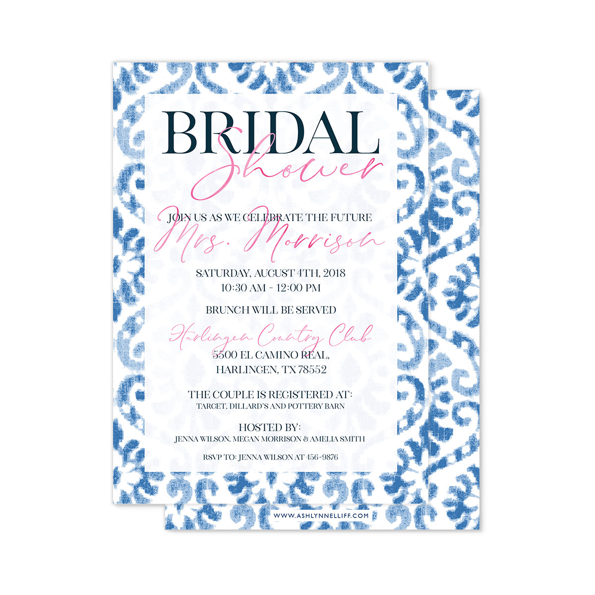 Blue & Pink Bridal Shower Party Invitation