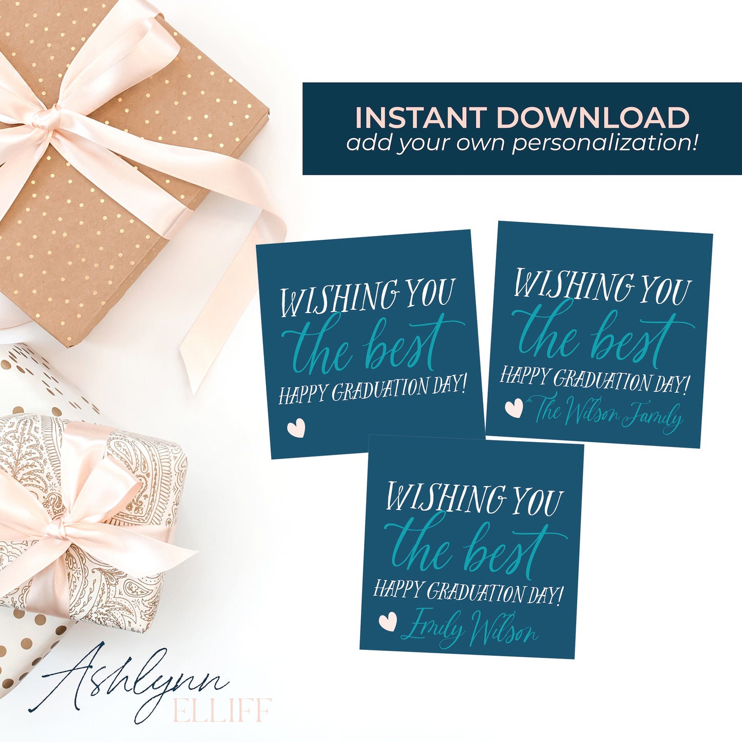 Printable (Instant Download) Wishing you the best (Blue) Graduation Gift Tags