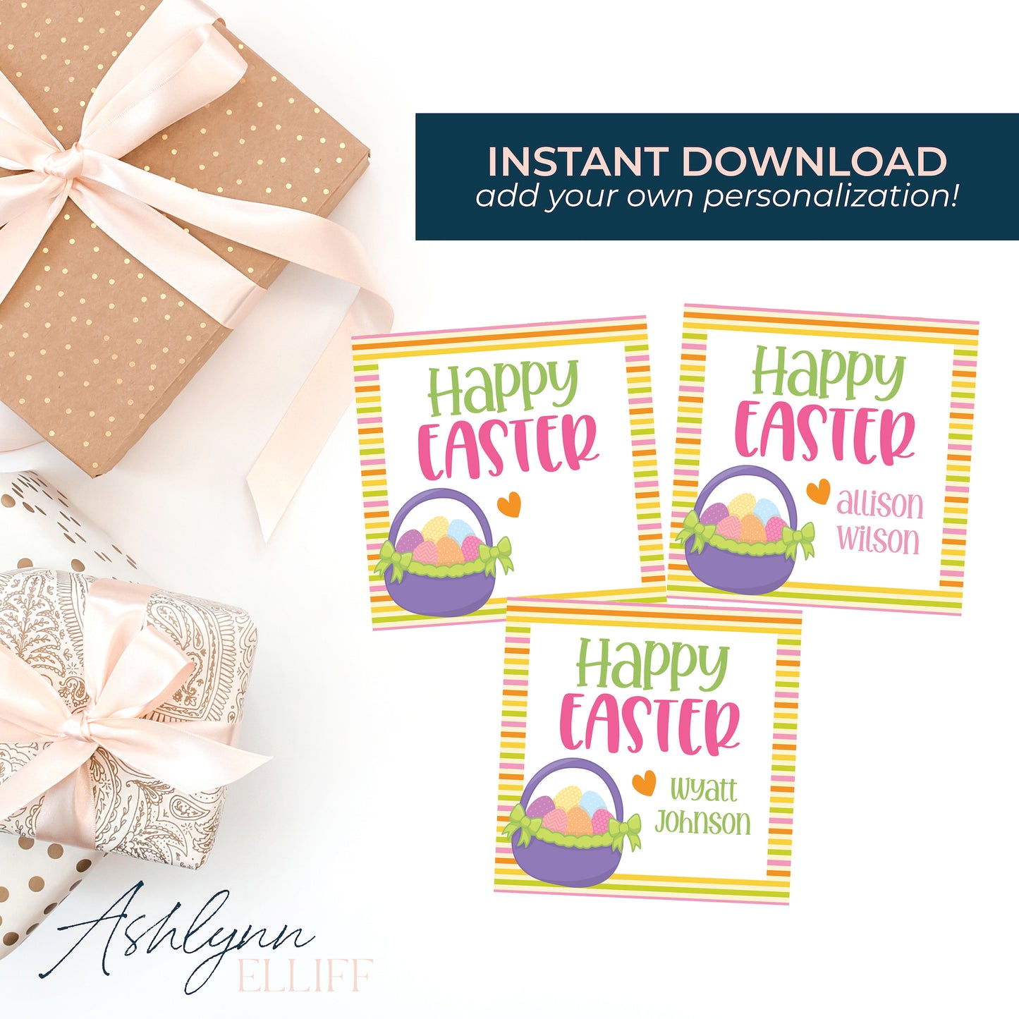 Printable (Instant Download) Happy Easter Stripes Gift Tags