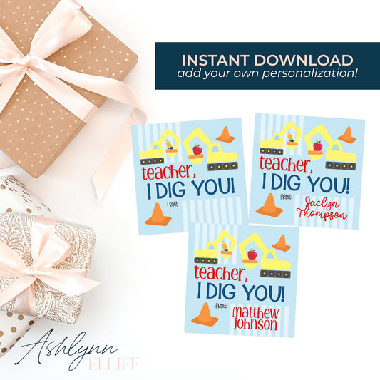 Printable (Instant Download) Teacher Appreciation I Dig You Gift Tags