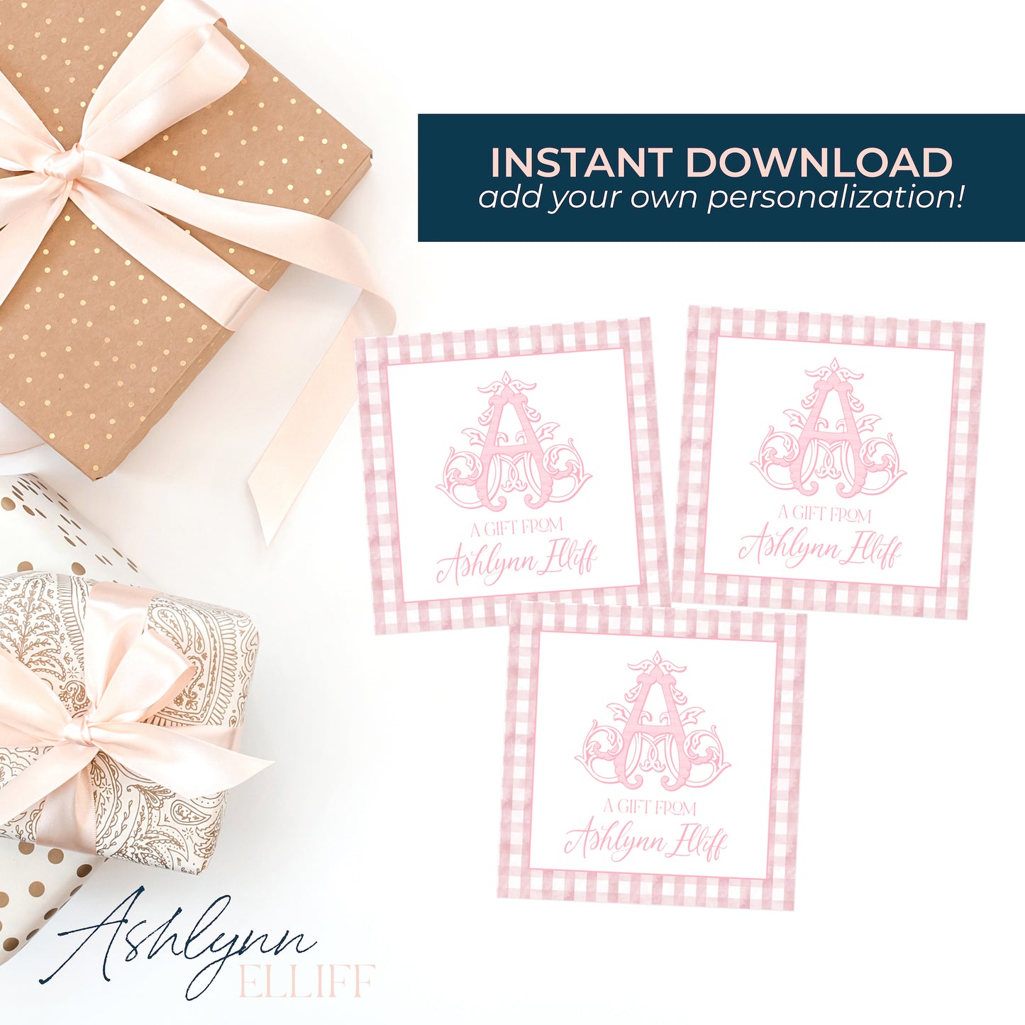 Printable (Instant Download) Everyday Monogram Pink Gingham Gift Tags