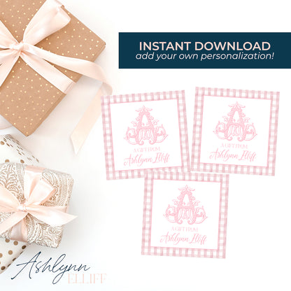Printable (Instant Download) Everyday Monogram Pink Gingham Gift Tags