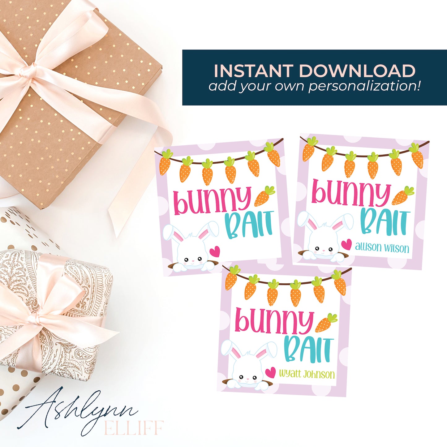 Printable (Instant Download) Easter Bunny Bait Purple Polka Dot Gift Tags