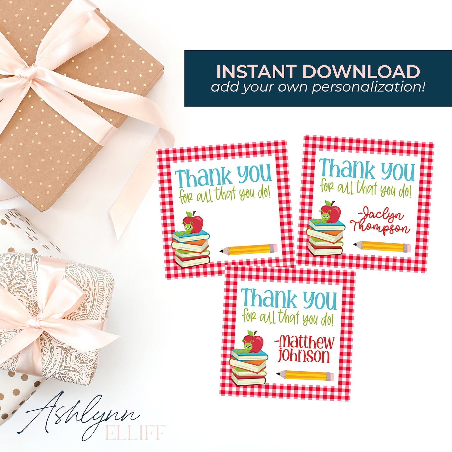 Printable (Instant Download) Teacher Appreciation Red Check Gift Tags
