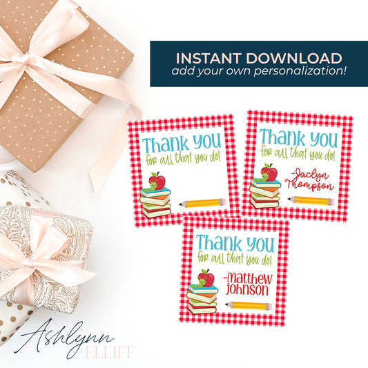 Printable (Instant Download) Teacher Appreciation Red Check Gift Tags