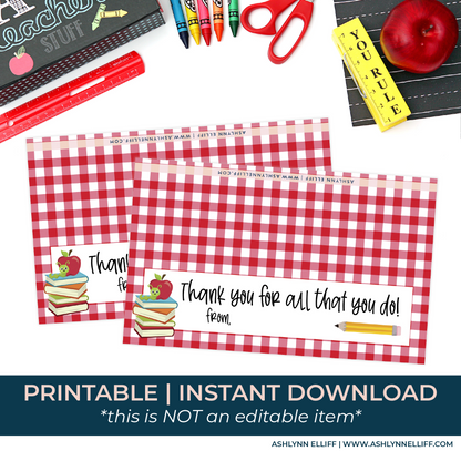 Printable (Instant Download) Red Teacher Appreciation Goodie Bag Toppers