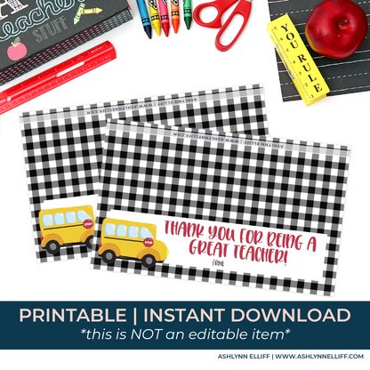 Printable (Instant Download) School Bus Teacher Appreciation Goodie Bag Toppers