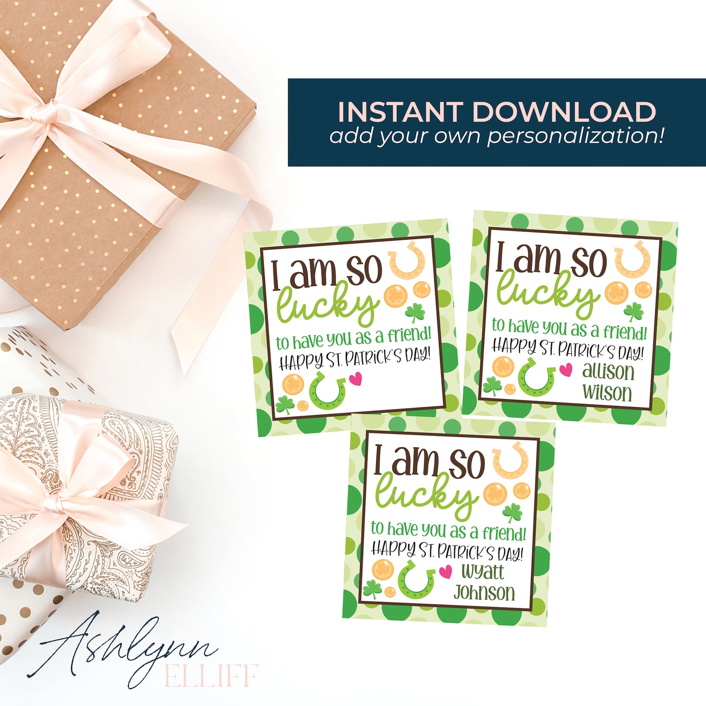 Printable (Instant Download) St. Patricks Day Polka Dot Gift Tags