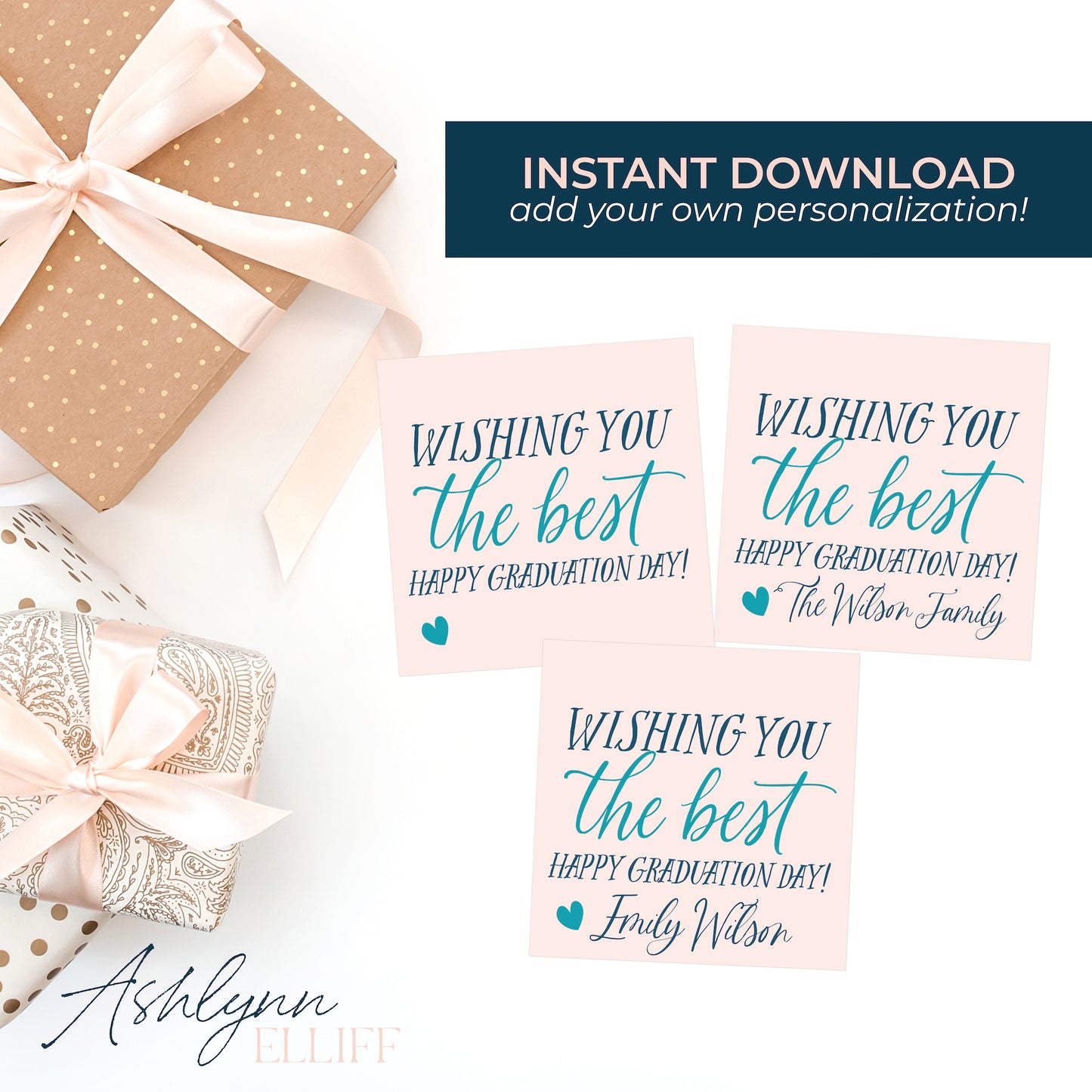 Printable (Instant Download) Wishing you the best (Pink) Graduation Gift Tags