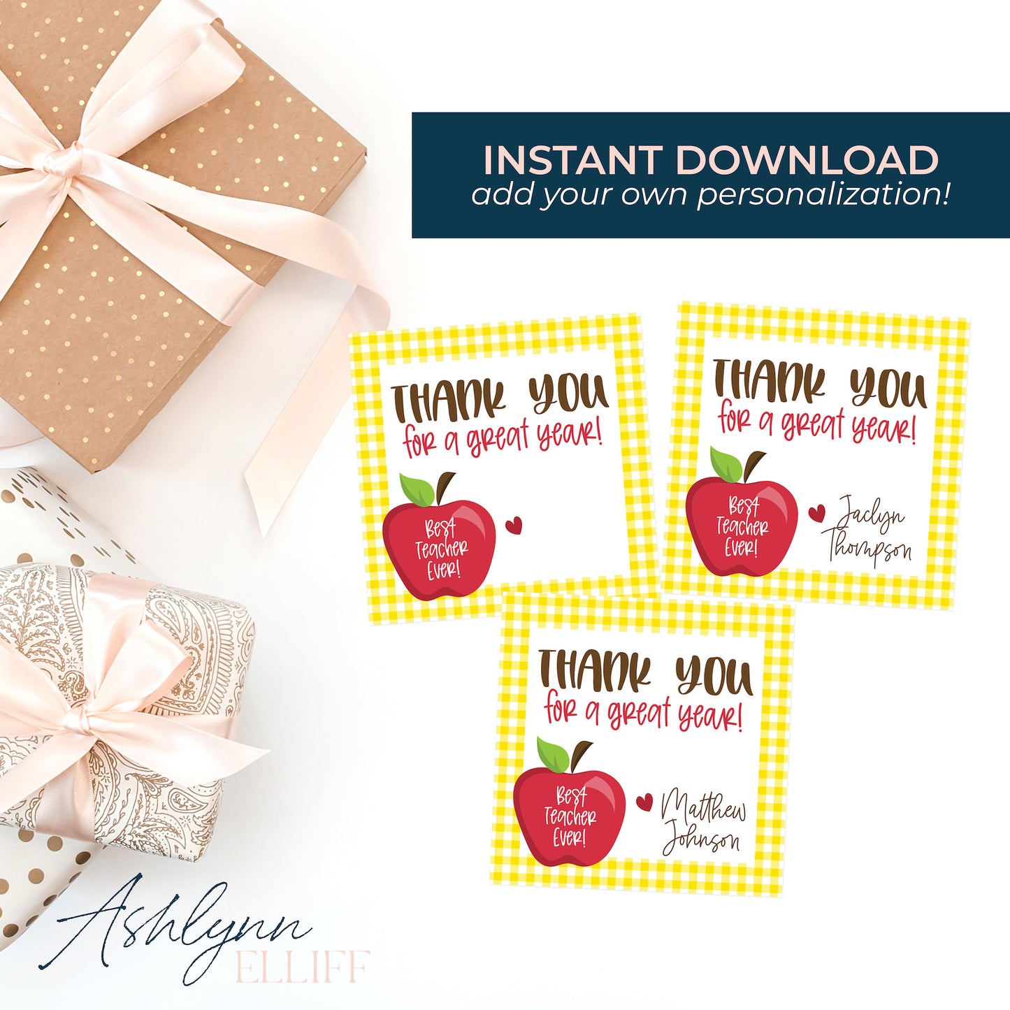 Printable (Instant Download) Teacher Appreciation Yellow Check Gift Tags