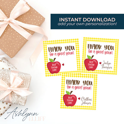 Printable (Instant Download) Teacher Appreciation Yellow Check Gift Tags