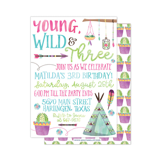 Young, Wild & Three Party Invitation